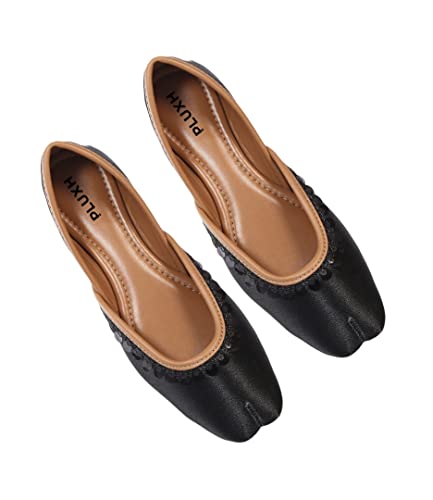 Image of Pluxh Women's Ethnic Jutti Shoes | Shiny Finish Mojari with Sequin Border | Soft Cushioned Slip-On Flats for Casual