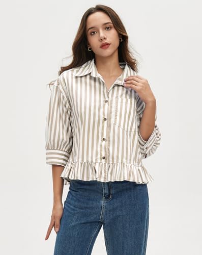 Womens Button Down Striped Shirts Peplum Ruffle Hem 3/4 Sleeve Casual Loose Babydoll Blouse Tops with Pocket2
