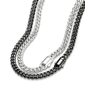 2Pcs Cuban Link Chain for Men Mens Silver Black Stainless Steel Miami Curb Chains Necklace Diamond Cut Non-Tarnish Jewelry Set 5mm 18-26 Inch