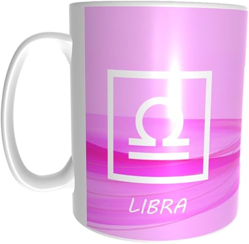 Pandok - White Ceramic Zodiac Mug - Libra - Zodiac Symbol And Text On Pink Background - Single Mug