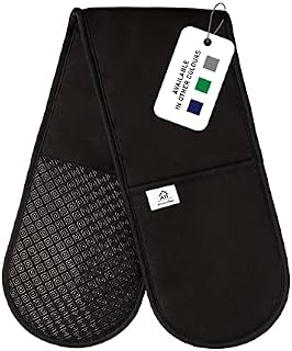 Heat Resistant Black Oven Gloves | Double Oven Mitt Pot Holder With Silicone Non-slip Design For Home Kitchen Baking | Best Modern Stylish Cooking Oven Glove Mitts.