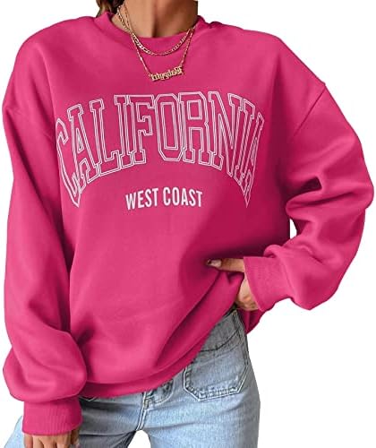 Cioatin Women’s Oversized California Letter Graphic Crew Neck Sweatshirt Drop Shoulder Baggy Fleece Pullover Preppy Top Hot Pink