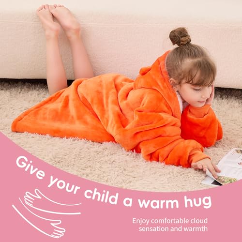 yescool Wearable Blanket Kids Hoodie, Birthday Teen Girls Gifts for 8-15 Year Old Kids Oversized Sweatshirt Sherpa Flannel Cozy Hooded Blanket with Pocket for Children, Youth Teens, One Size, Orange
