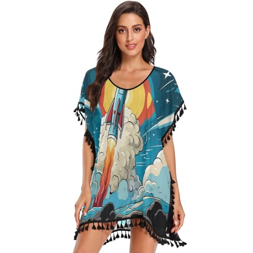 KAAVIYO Cartoon Rocket Flying Moon Women's Beach Cover Up Chiffon Tassel Swimwear Swimsuit Coverups for Girl