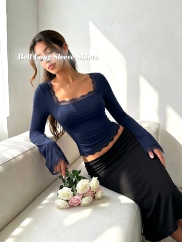 Image of OZICERD Women Bell Long Sleeve Shirts Cute Going Out Top Lace Trim Square Neck Double Lined Fitted Basic Tops Y2k Tight Slim