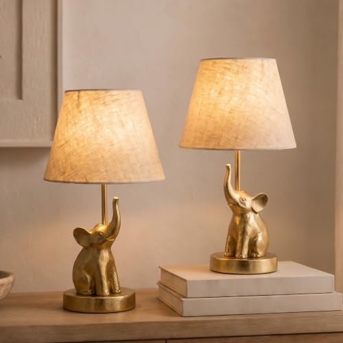 Image of BEHOMA Luxury Elephant Figurine Table Lamp Set, Antique Gold - Set of 2 | Luxury Aluminium Elephant table lamp in Antique Gold - as an accent lighting piece for living room - great housewarming gift