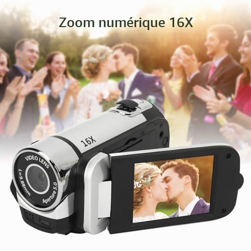 Enregistreur D'appareil Photo Numérique, Caméscope Vidéo Full HD 1080P 16MP, Caméra de Vlogging avec écran Rotatif de 2,4 Pouces, Zoom 16X, Lumière de Remplissage, Silver