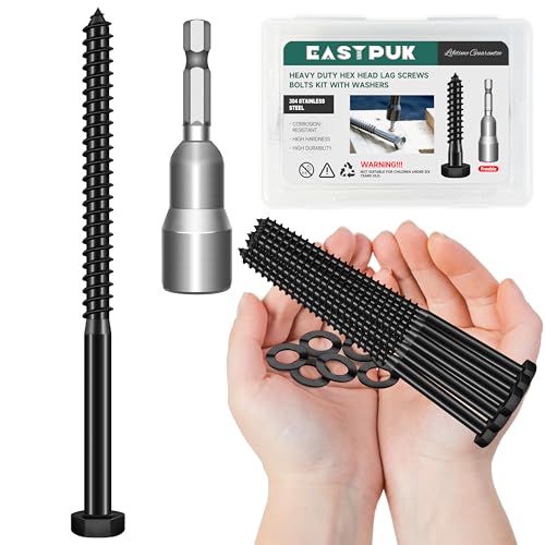 EASTPUK (8Sets) 3/8" x 6" Hex Head Lag Bolts, Heavy Duty Lag Screws with Washers, 304 Stainless Steel, 3/8 Bolt for Wood, Partial Thread, Black Oxide