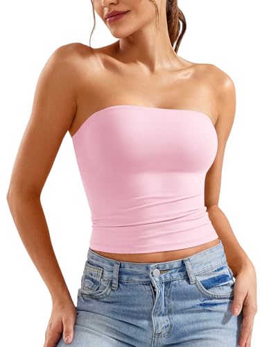 ZAAYO Schulterfrei Tube Top Damen Bandeau Top Y2K Slim Fit Crop Top Sexy Sommer Tops Doppelt Gefüttert Tank Top Rosa S
