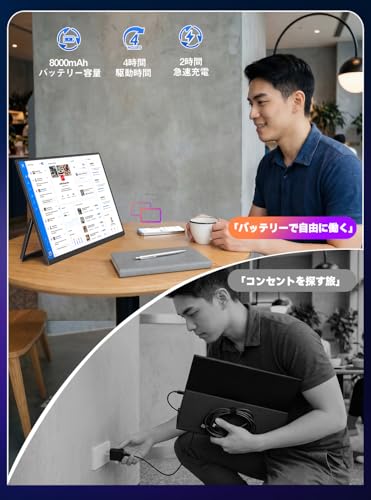 EVICIV ワイヤレス モバイルモニター 15.6インチ バッテリー内蔵 【大容量 8000mAh 約4時間駆動 自動回転】 FHD 1920x1080 モバイルディスプレイ 自立型 スタンド付き ポータブルモニター 縦置き 非光沢 IPS 液晶パネル 薄型 軽量 Type-C/mini HDMI 搭載 PC/MAC/スマホなど対応 在宅勤務 リモートワーク EVC-156J