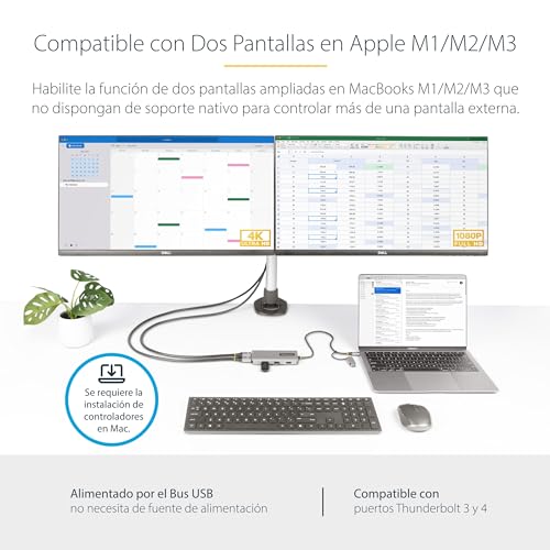 Adaptador USB-C a HDMI doble multipuerto con tres conexiones USB-A de 5Gbps y cable largo 3