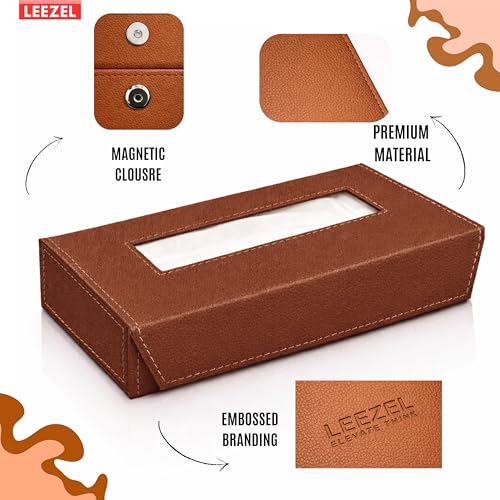 Image of LEEZEL| Tissue Box Holder with 100 Pulls Cotton Rags Tissue | Handcrafted Fine Leather - Like Finish | for Gifting, Office Desks, Cars & Home Decor | Durable & Water Resistant. (Brown)