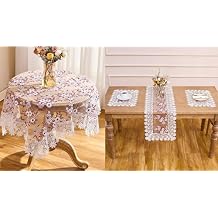 White Dark Red Silver Lace Floral 72 inches Table Runner 2 Set of Place Mats Tablecloth Square 33 inches.