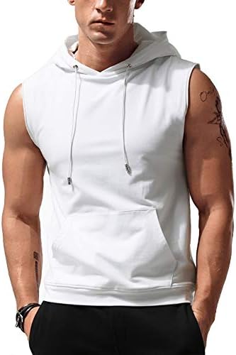 Amussiar Men's Hooded Tank Top with Pocket Gym Hoodie Workout Sleeveless Muscle Shirt White