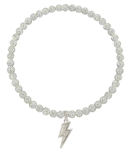 NUSTTAL Baseball Necklace 16 Inch Lightning Bolt Pendant for Men Women Bling Ice Collection | Rhinestone Clay Beaded Discoball Design | Gifts for Baseball Team Players Lovers | White