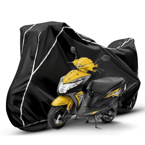 Image of Waterproof Bike Body Cover Compatible with Honda Dio Dustproof Scratchproof - Motorcycle Cover for Two Wheeler, Outdoor Full Cover with UV, Duty, Rain Protection (Black & White)