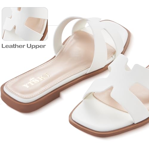 YTSKJ Sandals for Women Dressy Comfortable Flat Open Toe Casual Wide Width Cute Trendy Shoes Soft Leather Slip On Ladies Slides for Summer 2026 White Size 9 by YTSKJ - Used condition - Image 5