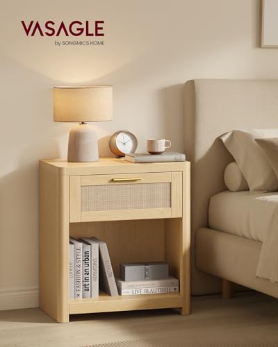 Image of VASAGLE Set of 2 Boho Nightstands with Rattan-Look Drawer | Accent Side End Tables, Open Compartment, Rounded Corners, for Bedroom Bedside, Oak Beige, ELLAN Collection ULET818YC01