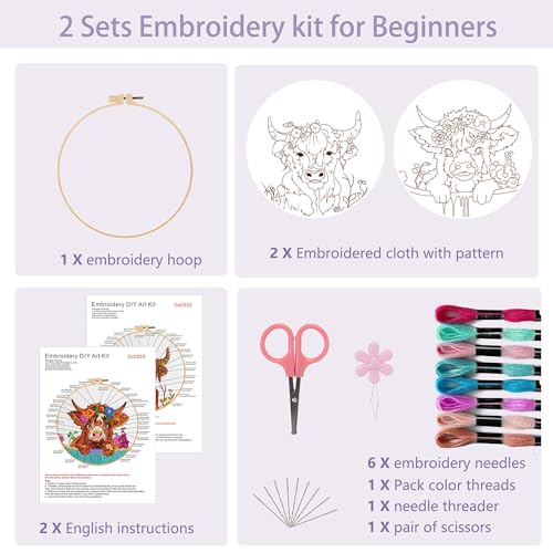 Image of Offizon 2 PCS Embroidery Kit for Beginners Stamped Cos Pattern | Cross Stitch DIY Craft Set, Hoop Included, Animal Embroidery Accessories, Stitching Sewing Kit Gift for Adults