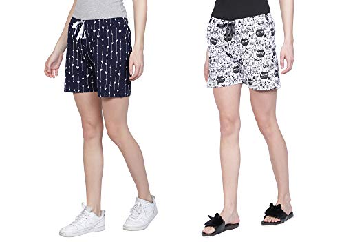 Image of Club A9 Women's Regular Fit Cotton Printed Shorts (Navy Blue, White)