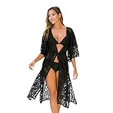 CHIC DIARY Spitze Strandkleid Bikini Cover Up Damen Boho Strandtunika Kimono Lang Strandponcho Beachwear Schwarz