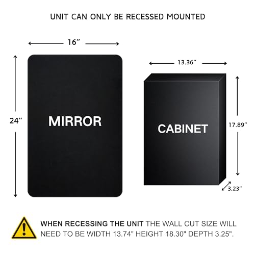 EGHOME Matt Black Rectangle Recessed Bathroom Medicine Cabinet with Mirror Stainless Steel Metal Framed Rounded Rectangular Bathroom Cabinet with Mirror 16x24\'\' - Thumbnail 2