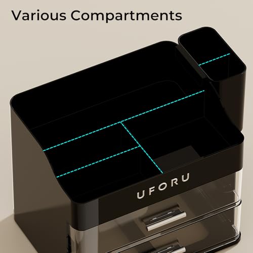 UFORU Makeup Organizer for Vanity with Brush Holder, Countertop Skincare Organizer with 2 Drawers, Spacious Cosmetic Display Case for Perfumes, Cologne, Shaving Lotion