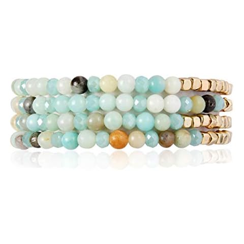 RIAH FASHION Delicate Boho Beaded Multi Layer Versatile Bracelets - Stackable Stretch Bangles Sparkly Crystal, Natural Stone (Delicate Natural Stone & Gold Mix - Amazonite) Cover