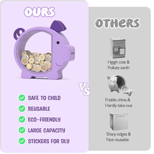 Image of Piggy Bank for Kids Girls,Purple Kids Piggy Bank with Creative DIY Stickers