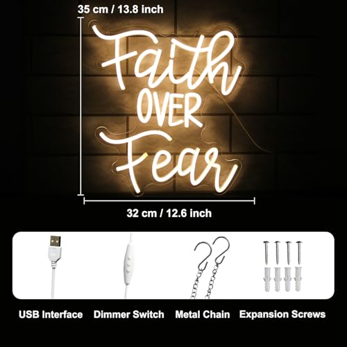 Image of Faith Over Fear Neon Sign Christian LED Neon Light for Bedroom Church Decor | Dimmable Jesus LED Sign, Warm White Letter Neon Light Sign, Christian Religious Sayings, USB Powered, Acrylic Wall Art, Gifts