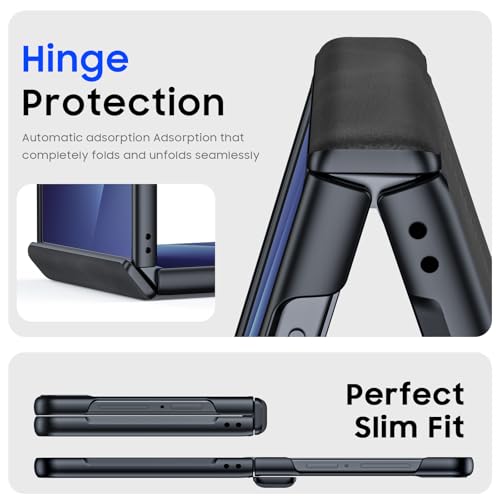 Image of for Samsung Galaxy Z Flip 7 Case with Hinge Protection & Built-in Screen Protector, Ultra Thin Stylish Leather Matte PC Durable Shockproof Cover Phone Case for Galaxy Z Flip 7-Black Gray