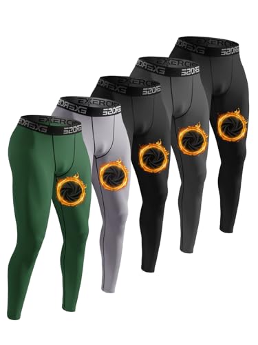 Mexholin 5 Pack Men's Thermal Compression Pants Fleece Lined Long Johns Winter Athletic Workout Leggings Baselayer Bl/Dark Gray/Bl/Gray/Dark Green L
