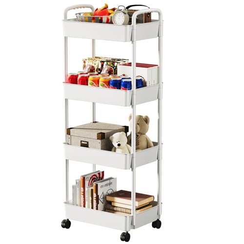KOADOA 4-Tier Storage Trolley on Wheels, Kitchen Rolling Utility Cart Storage Organiser with Handle Hanging Cups for Office, Kitchen, Bedroom, Bathroom, Laundry Room, Narrow Places (White)