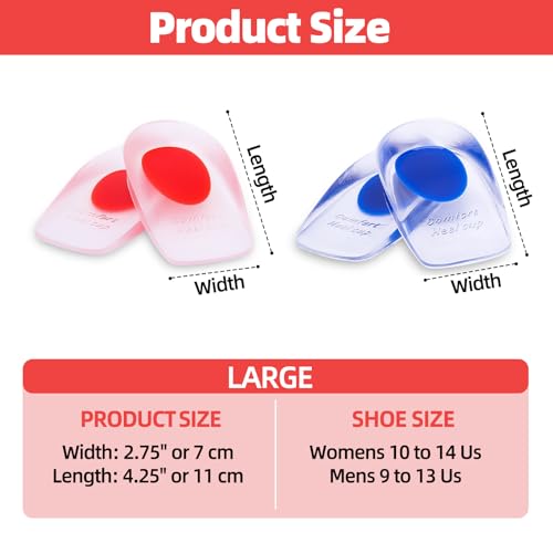 Image of Gel Silicone Heel Cups /Pads - 2 Pair Heel Lifts for Plantar Fasciitis,Heel Pain Shoe Inserts Heel Protectors,Achilles Tendonitis,Comfort Cushion Insoles for Women /Men(Blue+Red,Large)