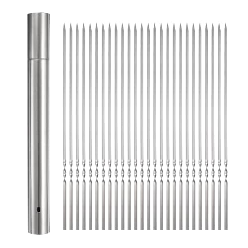 QUARKZMAN 100 unidades de Brochetas de Metal para Barbacoa 35cm x 3.5mm Palitos Planos de Acero Inoxidable Reutilizables para Barbacoa al Aire Libre con Tubo de Almacenamiento
