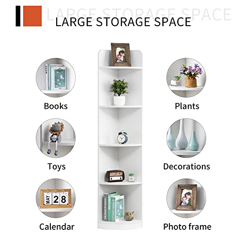 Fun Memories 5-Tier Corner Bookshelf - 63" Tall Modern Free-Standing Corner Bookcase - Durable Wood Corner Cabinet And Plant Shelf In Clean White For Living Rooms, Bedrooms, Kitchens And Offices #TOP5