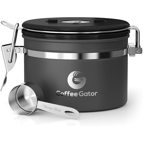 Coffee Gator Stainless Steel Coffee Grounds and Beans Container Canister with Date-Tracker, CO2-Release Valve and Measuring Scoop, Small, Gray