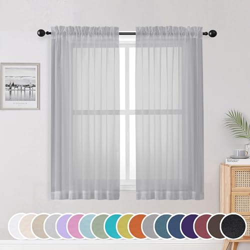 Image of OWENIE Light Grey Sheer Curtains 54 Inch Length for Living Room Bedroom 2 Panels Set, Elegant Rod Pocket Airy Solid Curtains for Small Window, Soft Breathable Dining Room Curtains, 42Wx54L inch