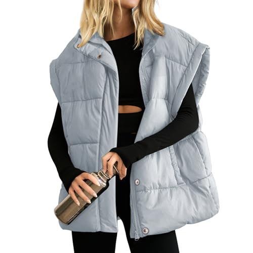 Songling Womens Oversized Puffer Vest Stand Collar Full Zip Sleeveless Bubble Puffer Vest Quilted Padded Warm Coat Outwear