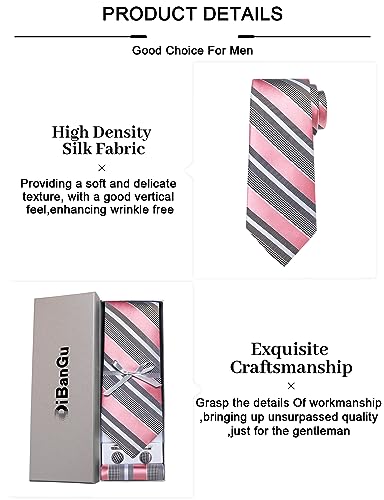 Dibangu Men's Pink Grey Striped Tie Silk Woven Necktie Pocket Square Cufflink Set Formal #TOP4