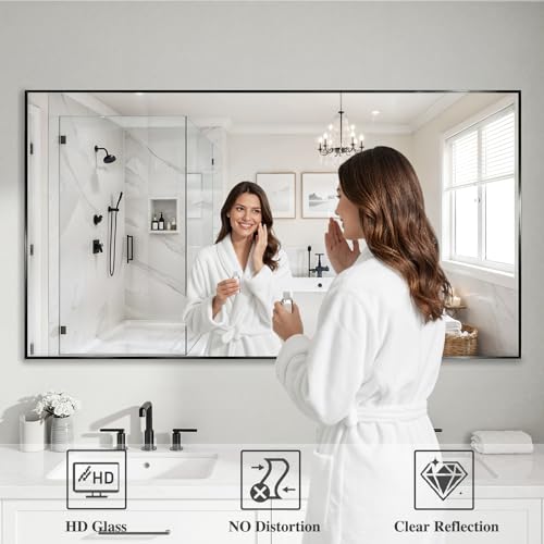 Image of Koonmi Black Rectangle Wall Mirror, 36x40 Inch Bathroom Mirror, Aluminum Frame Vanity Mirror for Entryway, Living Room, Bedroom Bathroom, Hangs Horizontally or Vertically