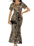 Ever-Pretty Women's Gorgeous Round Neck Sequin Embroidered Short Sleeve Maxi Mermaid Formal Evening Dresses Black and Gold US14