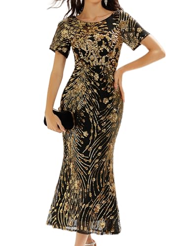 Ever-Pretty Women's Gorgeous Round Neck Sequin Embroidered Short Sleeve Maxi Mermaid Formal Evening Dresses Black and Gold US14