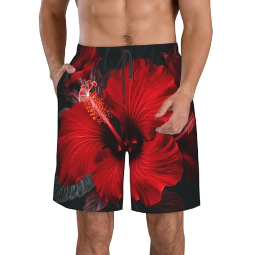 Red Hibiscus Flowers Men's Swim Trunks Quick Dry Board Shorts with Pockets Drawstring Beach Shorts Bathing Suit