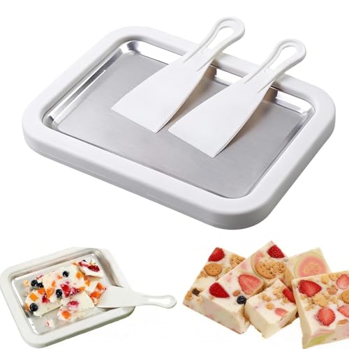 Rolled Ice Cream Maker Kit, DIY Ice Cream Roll Tray with 2 Scrapers, No Electricity Required, Stainless Steel Freezing Plate for Rolled Ice Cream, Frozen Yogurt, Sorbet (White)