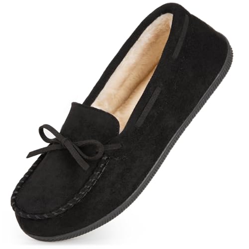 HomeTop Women's Moccasins House Slippers Memory Foam Soft Faux Fur Indoor Outdoor Shoes for Ladies Black,7 US