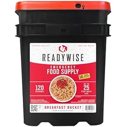 إمدادات غذائية طارئة من ReadyWise - دلو إفطار يحتوي على 120 وجبة، وجبات مجففة بالتجميد ومجففة، مجموعة طعام للبقاء على قيد الحياة للتخييم، أساسيات التخييم ولوازم التحضير، مدة صلاحية تصل إلى 25 عامًا