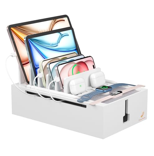 Pezin & Hulin Bamboo Charging Station, Electronic Devices Organizer for Multiple Devices Charger Such As Cell Phone, Tablet, Watch and more, White, (No USB Charger and Cables）