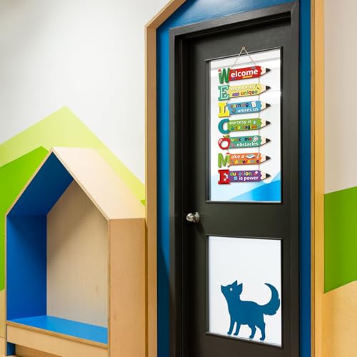 Image of HPNIUB Welcome Classroom Door Sign, Pencil Motivational Quote Decorations with Apple Ruler Cartoon, Colorful First Day of School Wooden Hanging Sign for Preschool Middle School Classroom Kindergarten