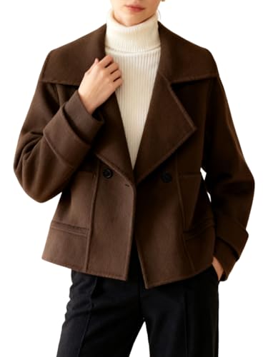 Image of utcoco Womens Short Wool Pea Coat Notched Lapel Cropped Woolen Trench Coat with Pockets (XX-Large, Coffee)